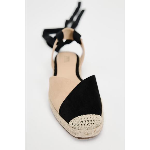 ZARA Lace-Up Espadrille Flats Size 8 US NWT Summer Coastal Sandals Black Tan - Picture 6 of 13